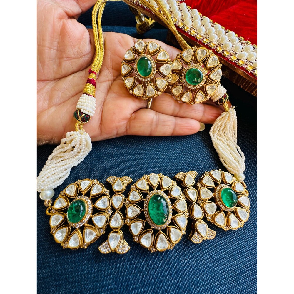 Emerald Doublet Green Kundan Moissanite Pearl Necklace Bollywood Indian Jewelry